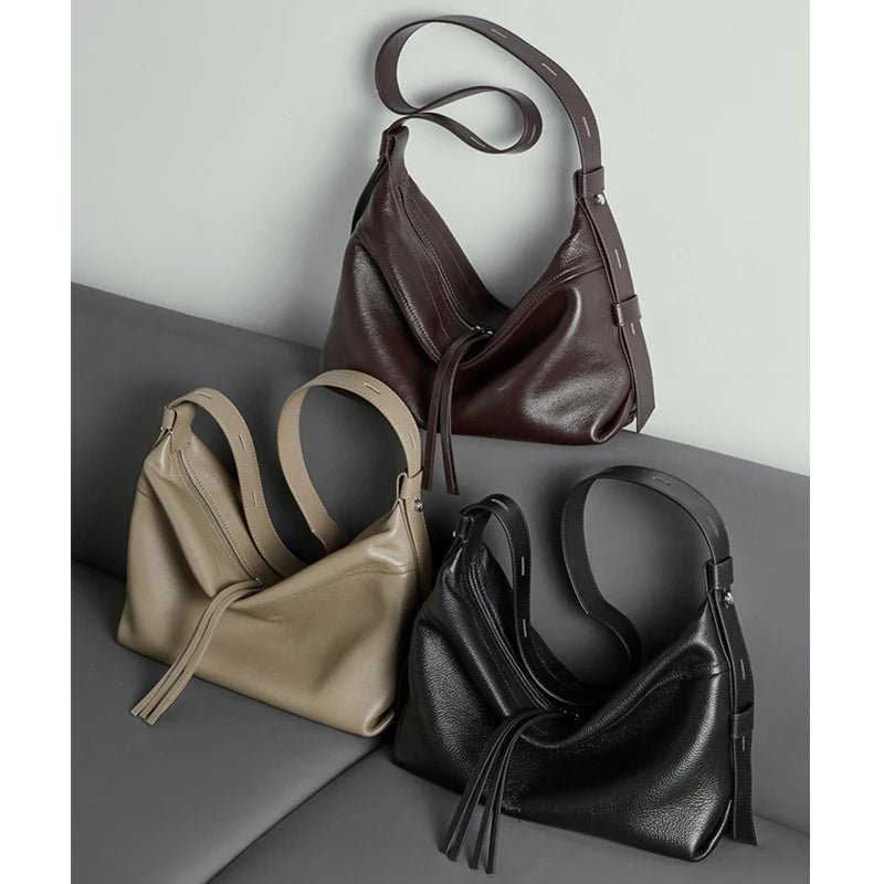 Luxury Genuine Cowhide Leather Hobo Shoulder Bag - Ellivora