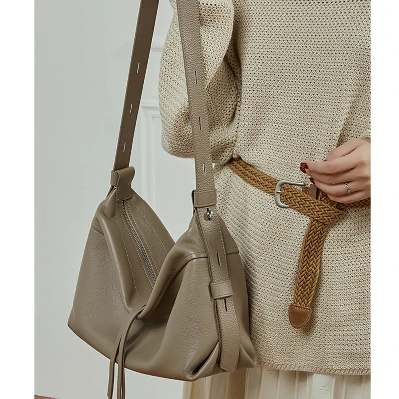 Luxury Genuine Cowhide Leather Hobo Shoulder Bag - Ellivora