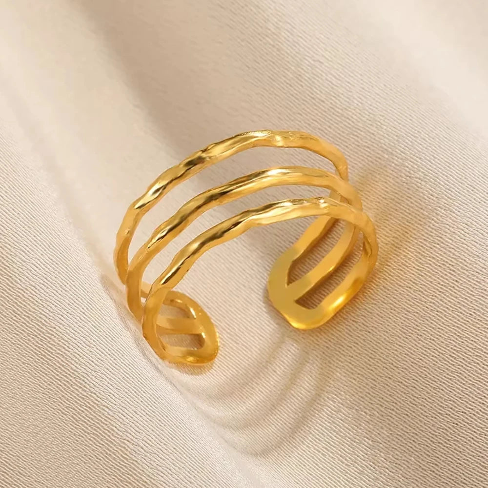 316L Stainless Steel Gold Multilayer Geometric Open Ring - Ellivora