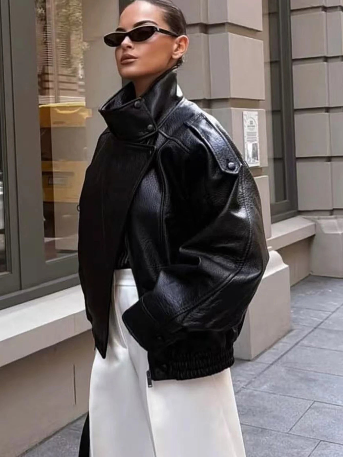 Women Faux Leather Loose Jacket - Ellivora