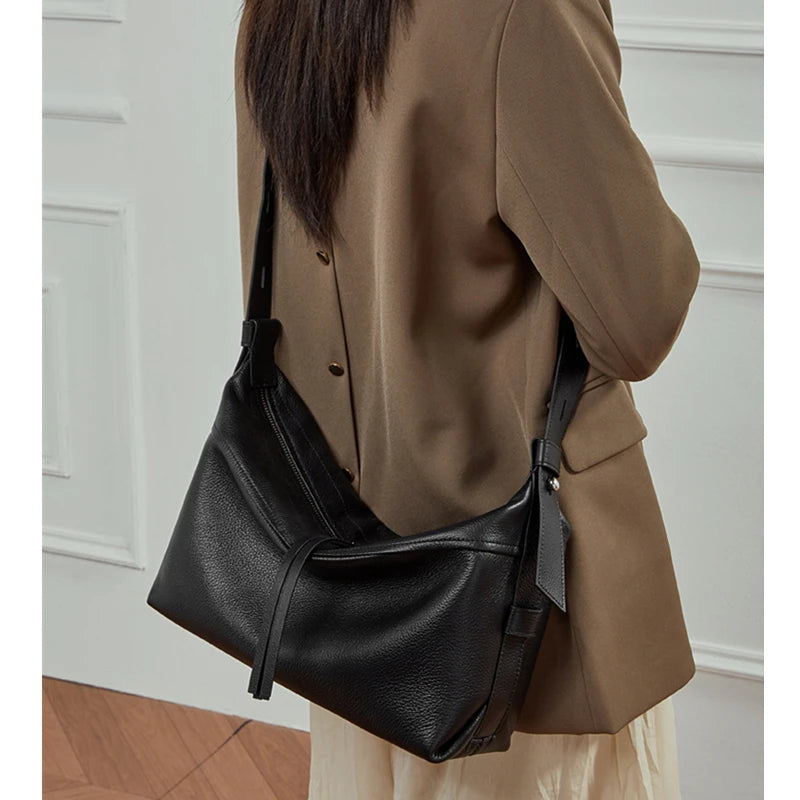 Luxury Genuine Cowhide Leather Hobo Shoulder Bag - Ellivora