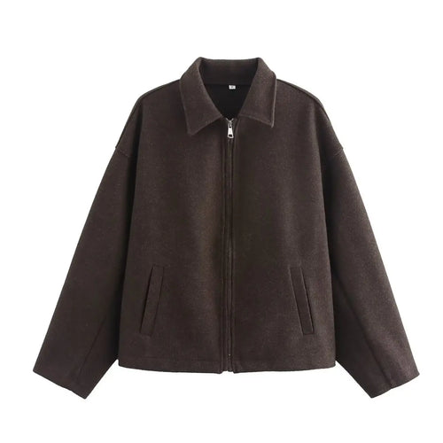 Fashion Brown Zipper Woolen Jacket - Ellivora