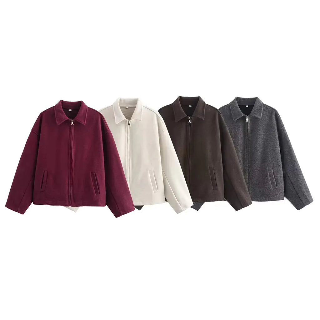 Fashion Brown Zipper Woolen Jacket - Ellivora