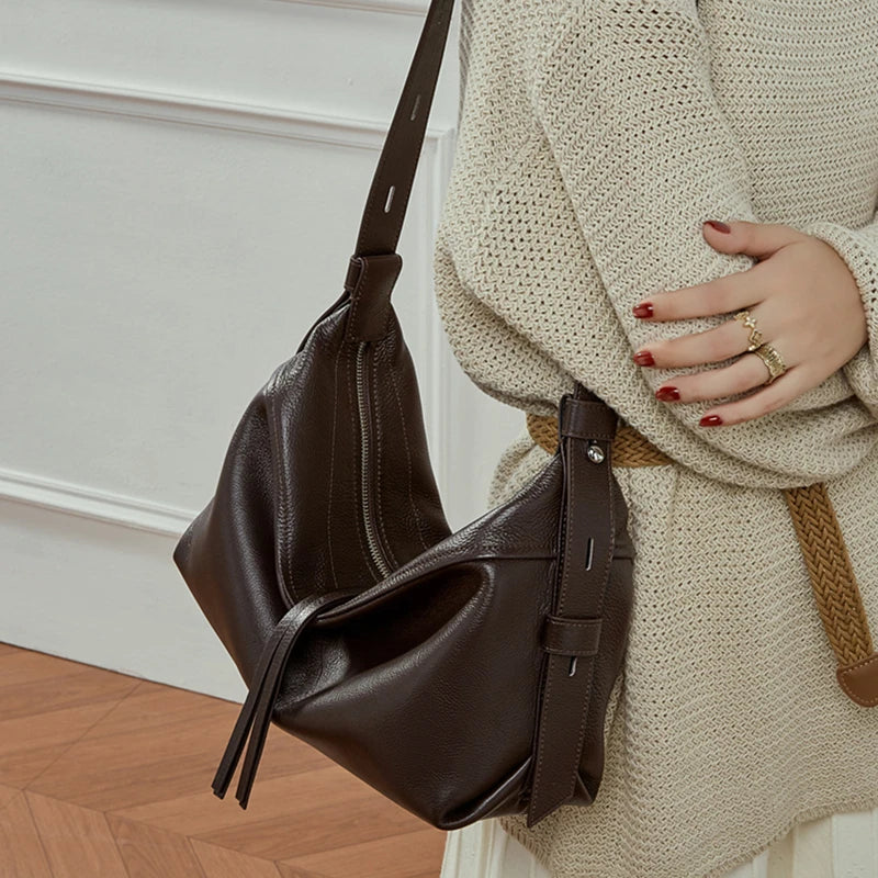 Luxury Genuine Cowhide Leather Hobo Shoulder Bag - Ellivora