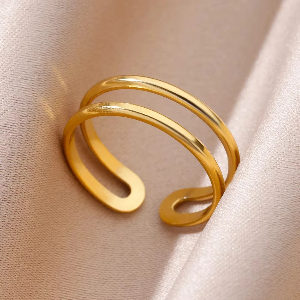 316L Stainless Steel Gold Multilayer Geometric Open Ring - Ellivora