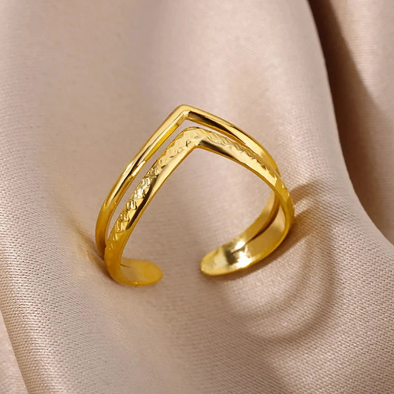 316L Stainless Steel Gold Multilayer Geometric Open Ring - Ellivora